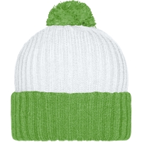 Knitted Cap with Pompon - White/lime green