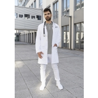 Men´s Medical and Lab Coat Modern-Shape with Stand-Up Collar and Concealed Button Placket - White